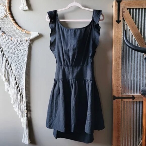Free People Erin Linen Mini Dress Black Large Ruffle Back Bow Boho Cottagecore - Picture 11 of 16